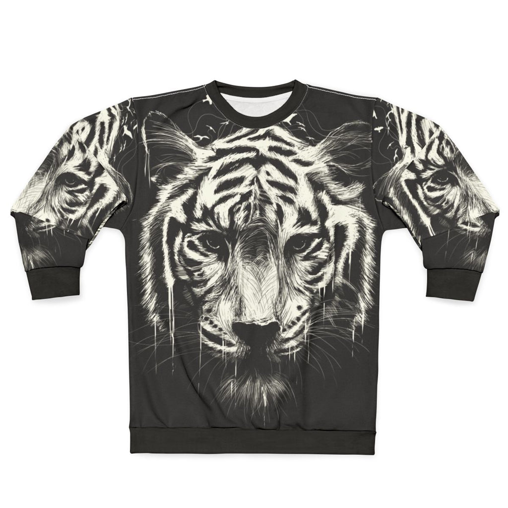 Interconnected sweatshirt with surreal, photorealistic tiger and bird graphics