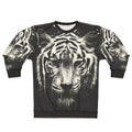 Interconnected sweatshirt with surreal, photorealistic tiger and bird graphics