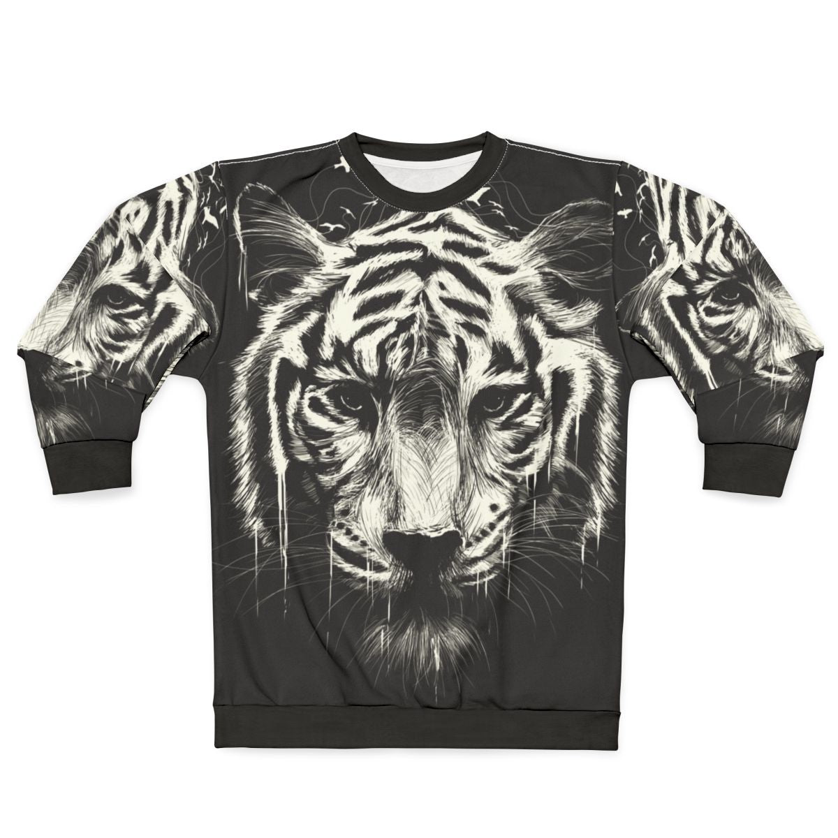 Interconnected sweatshirt with surreal, photorealistic tiger and bird graphics