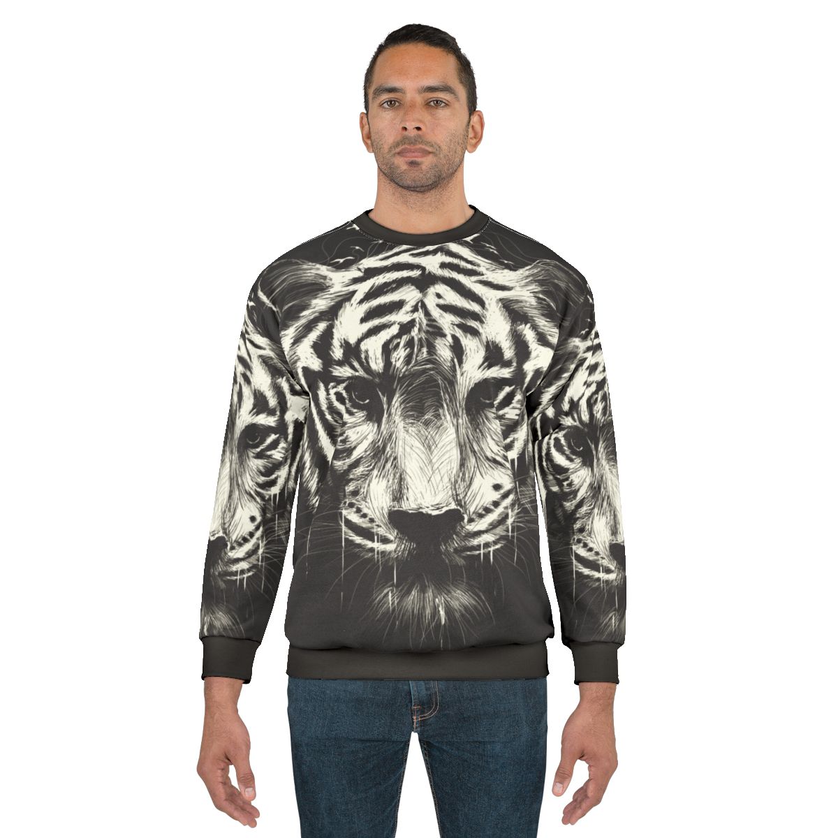 Interconnected sweatshirt with surreal, photorealistic tiger and bird graphics