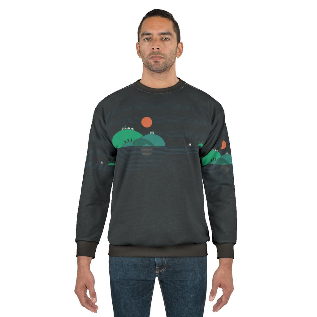 Island Folk Sweatshirt with acoustic guitar and sailing imagery