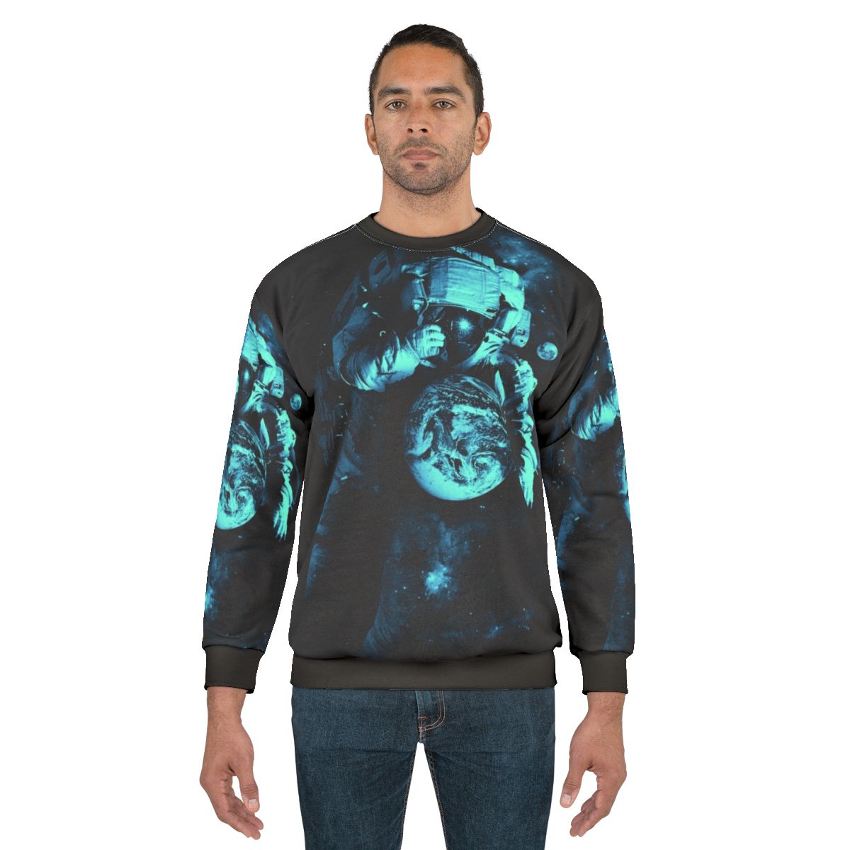 Cosmic intergalactic sweatshirt featuring surreal outer space design