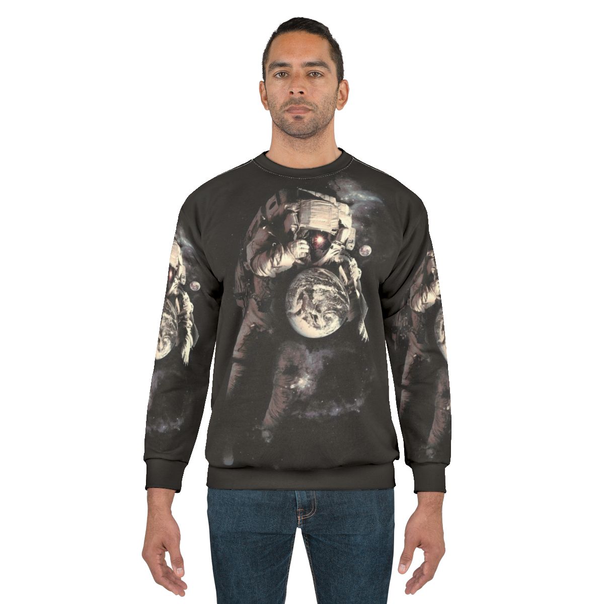 Cosmic space sweatshirt featuring an astronaut, planets, and the galaxy