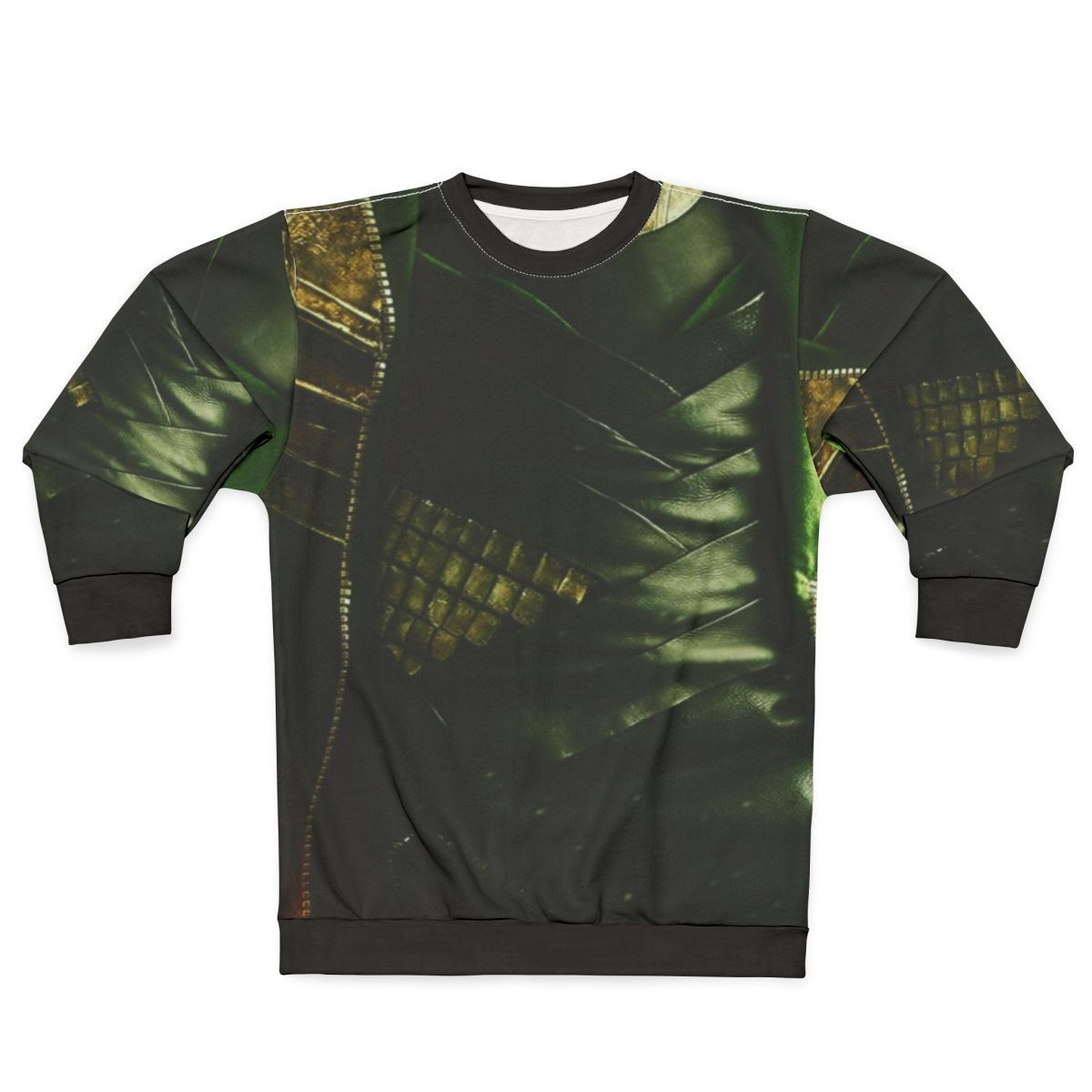 Loki-inspired green and gold sweatshirt with comic book villain design