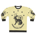 Beige sweatshirt with jackalope graphic, mythical animal trainer design