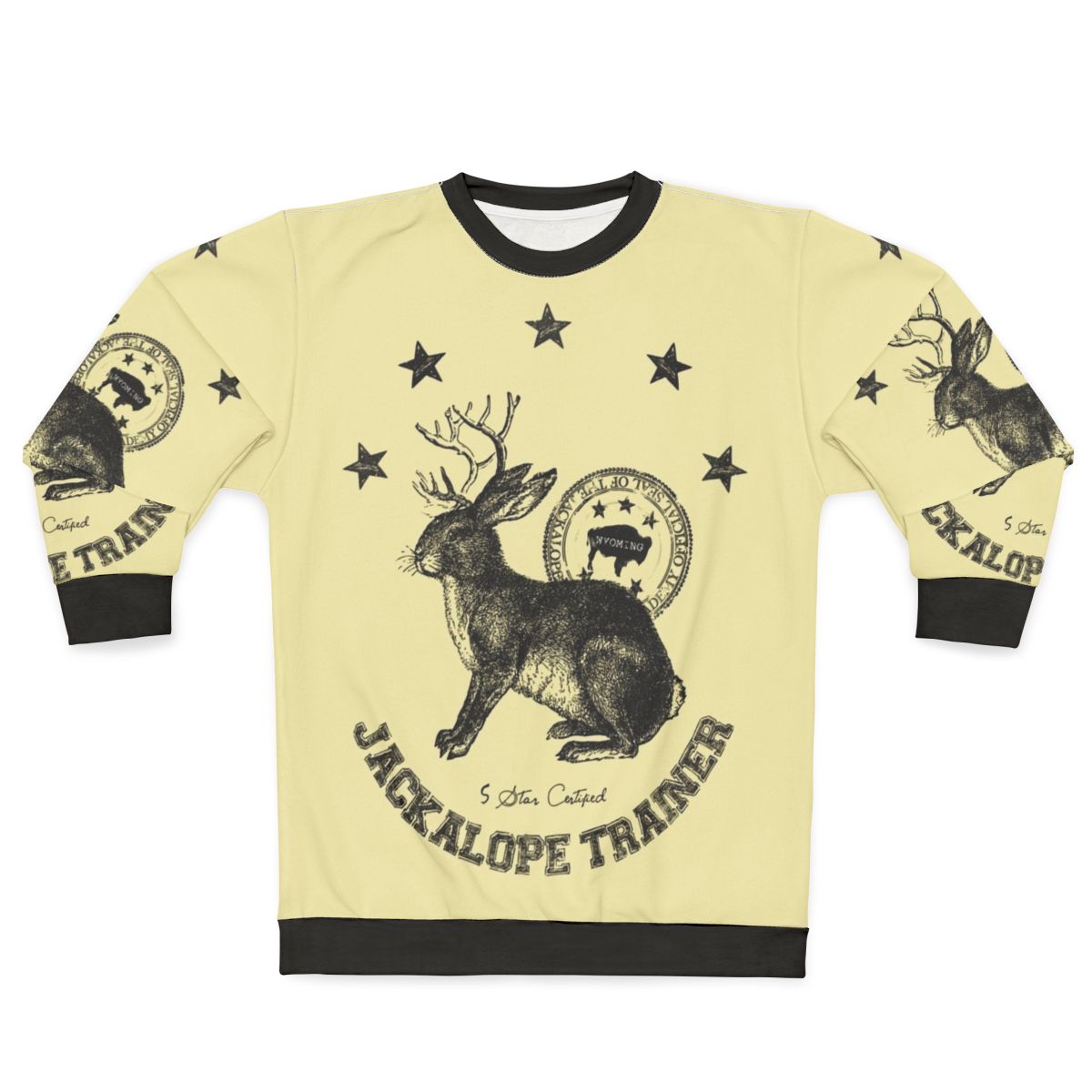 Beige sweatshirt with jackalope graphic, mythical animal trainer design
