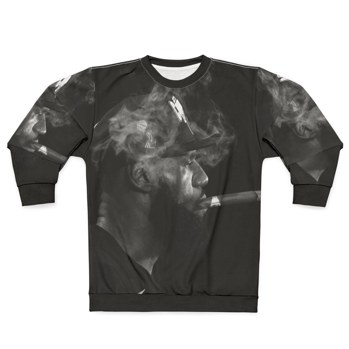 Cigar smoking music artist basketball player black and white sweatshirt
