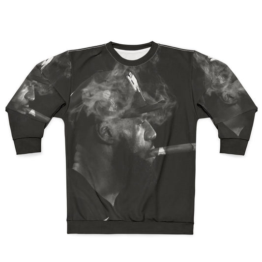 Cigar smoking music artist basketball player black and white sweatshirt