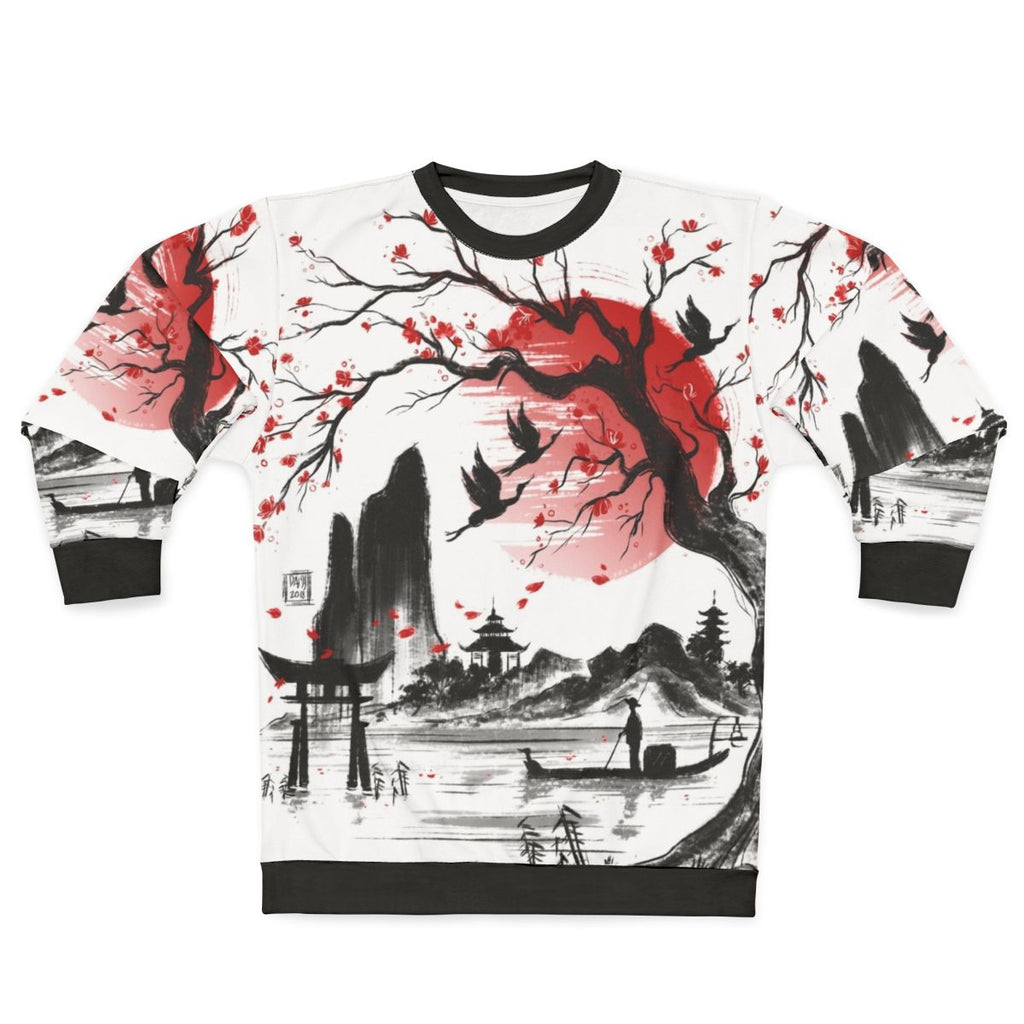 Japanese inspired dream sweatshirt featuring a sketch of a sakura landscape with a red sun