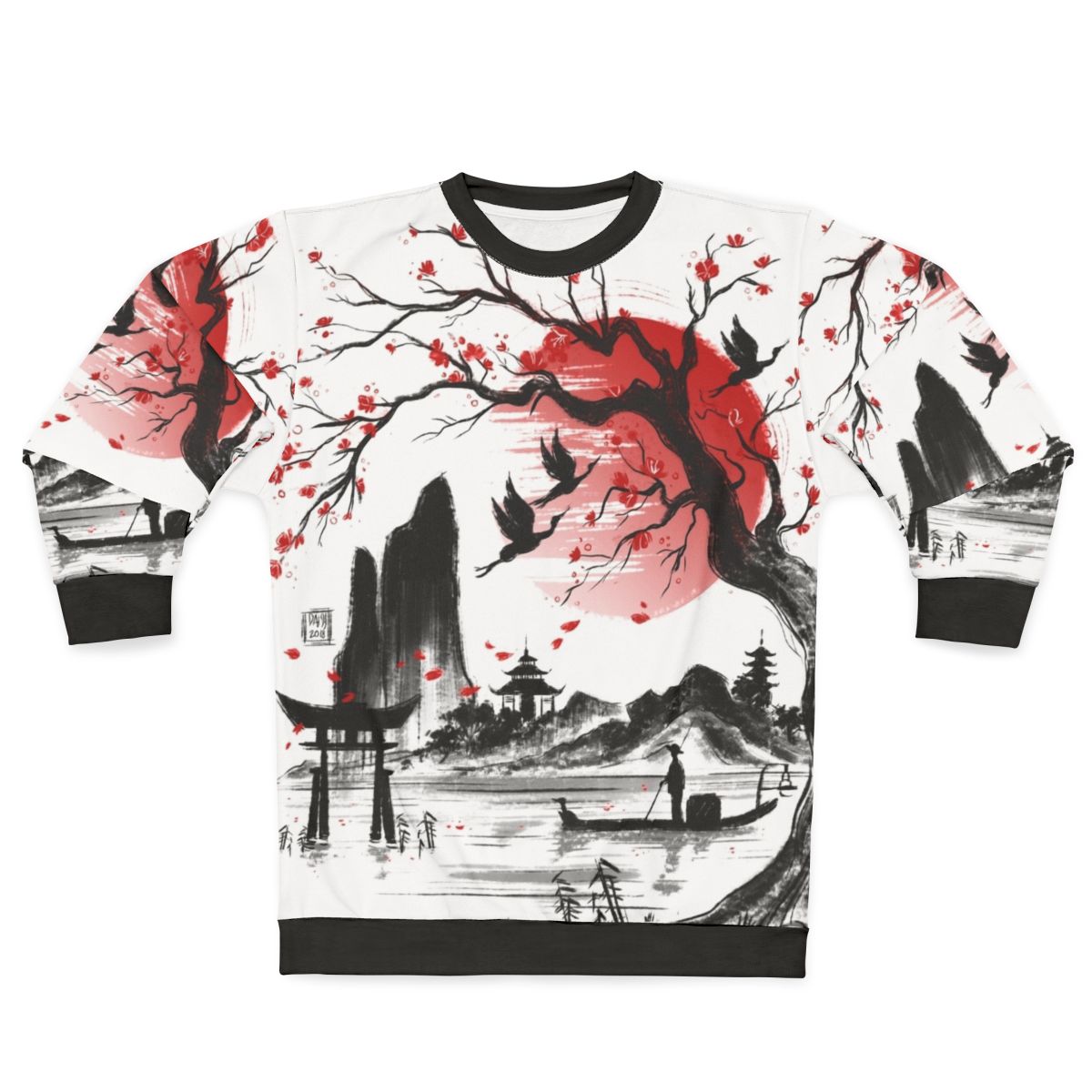 Japanese inspired dream sweatshirt featuring a sketch of a sakura landscape with a red sun