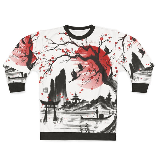 Japanese inspired dream sweatshirt featuring a sketch of a sakura landscape with a red sun