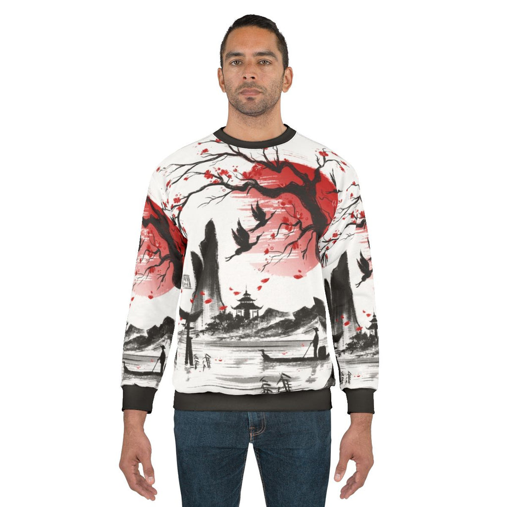 Japanese inspired dream sweatshirt featuring a sketch of a sakura landscape with a red sun