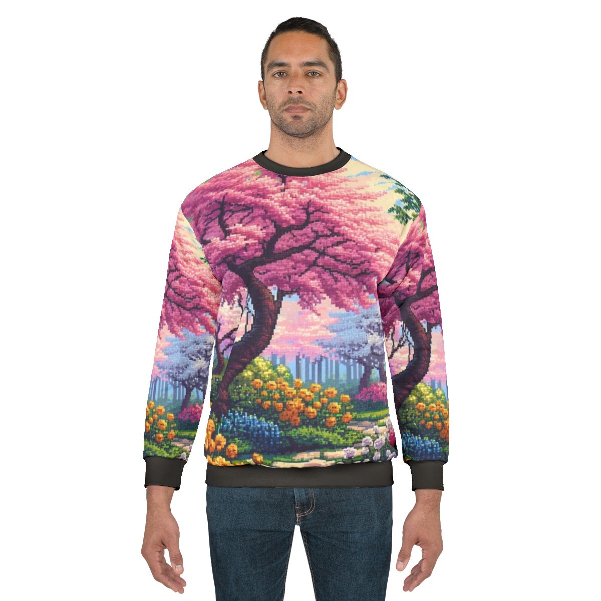 Japanese Cherry Tree Sweatshirt with Vibrant Floral Pixel Art Design
