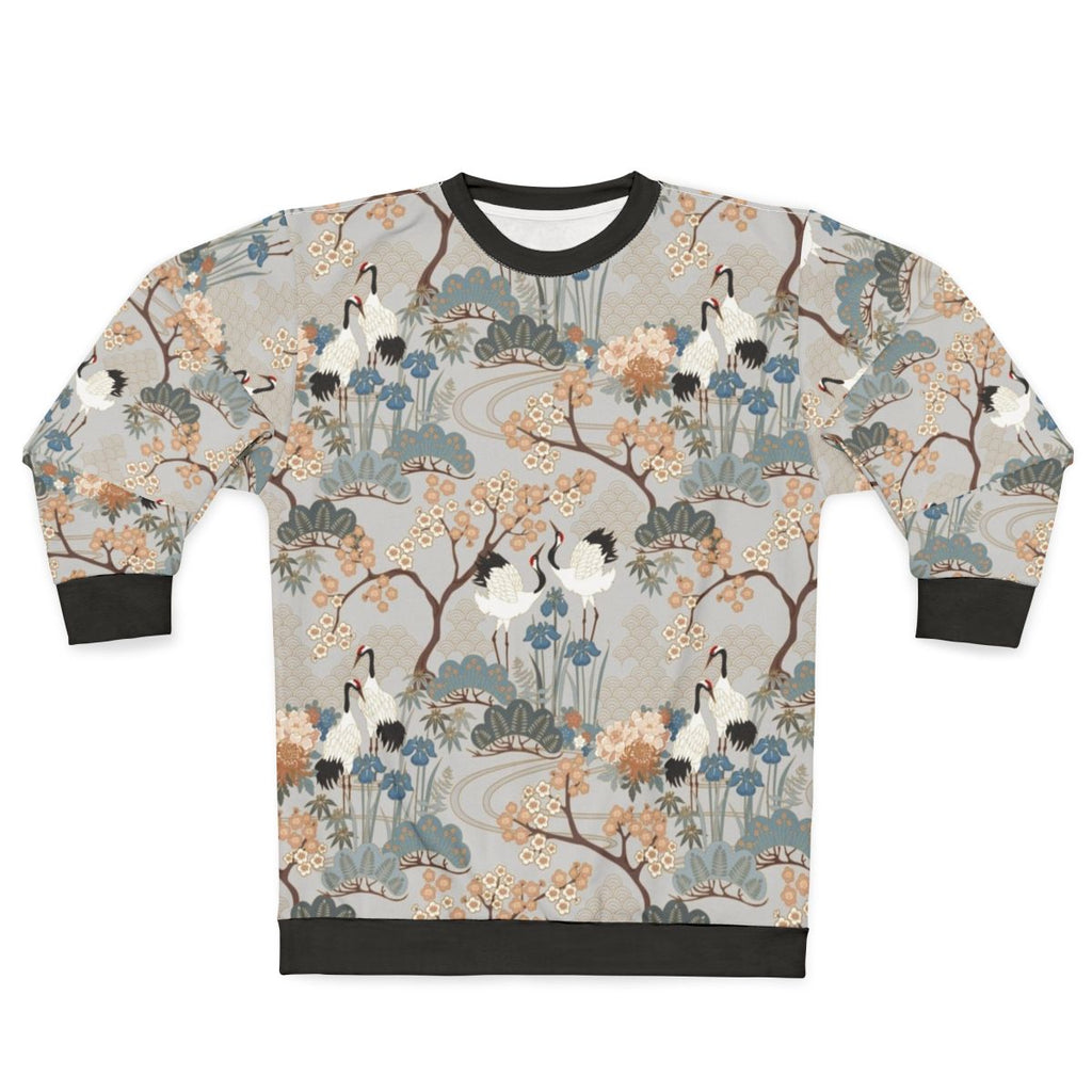 Stylish Japanese Garden Gray Floral Sweatshirt with Cranes and Chrysanthemums