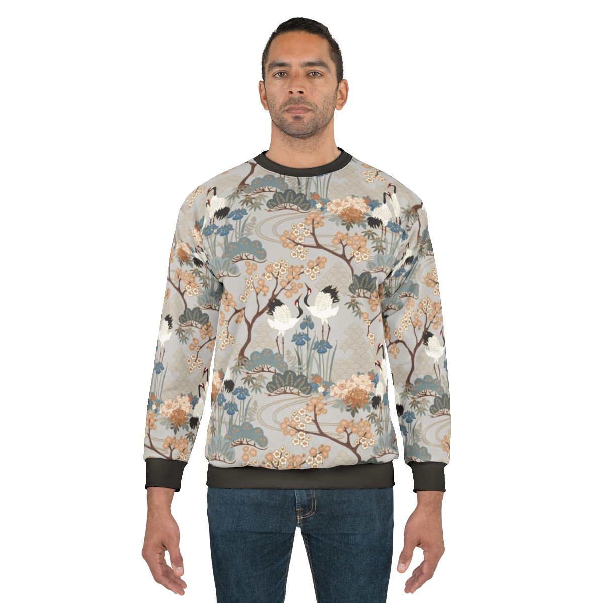 Stylish Japanese Garden Gray Floral Sweatshirt with Cranes and Chrysanthemums