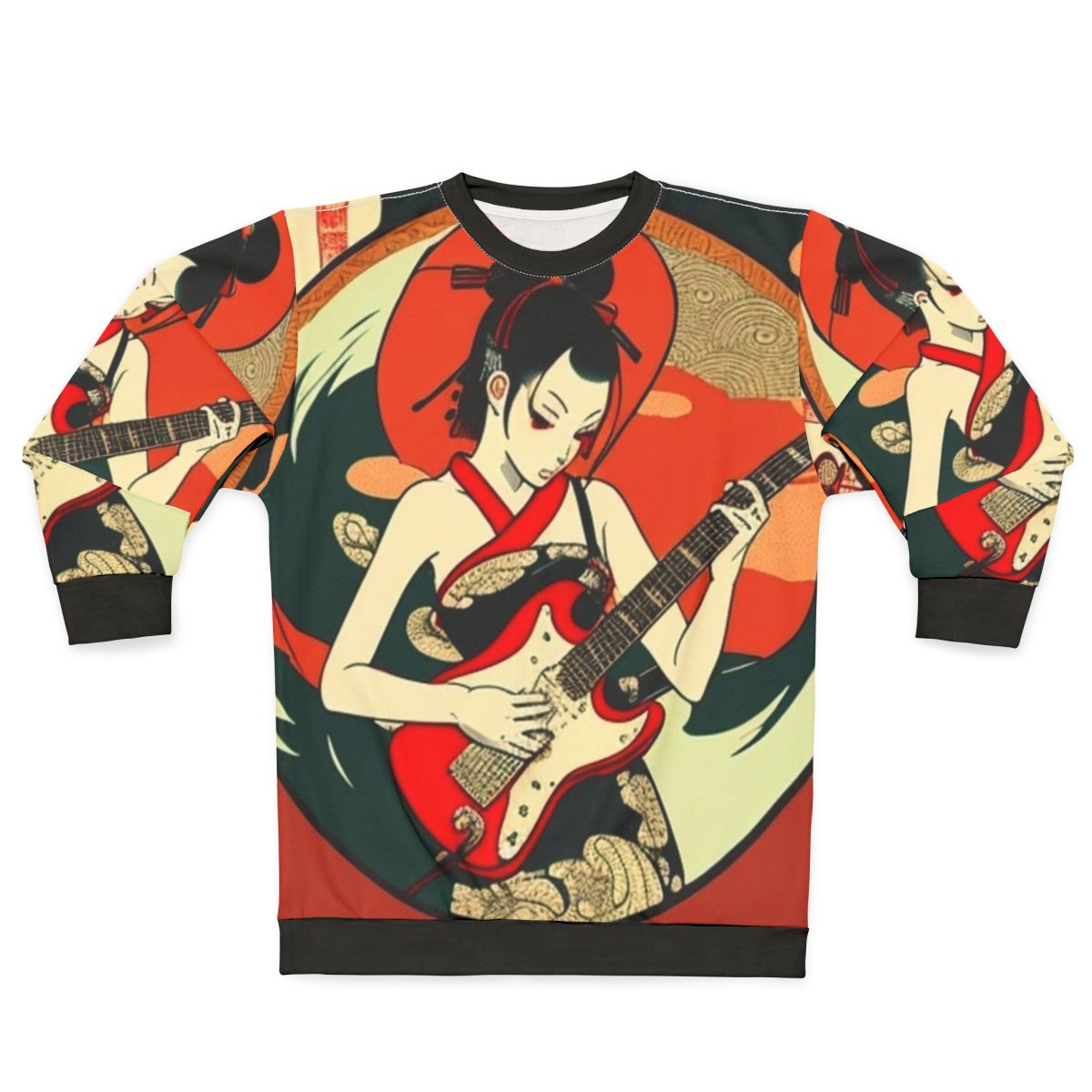 Japanese girl playing guitar on a stylish sweatshirt