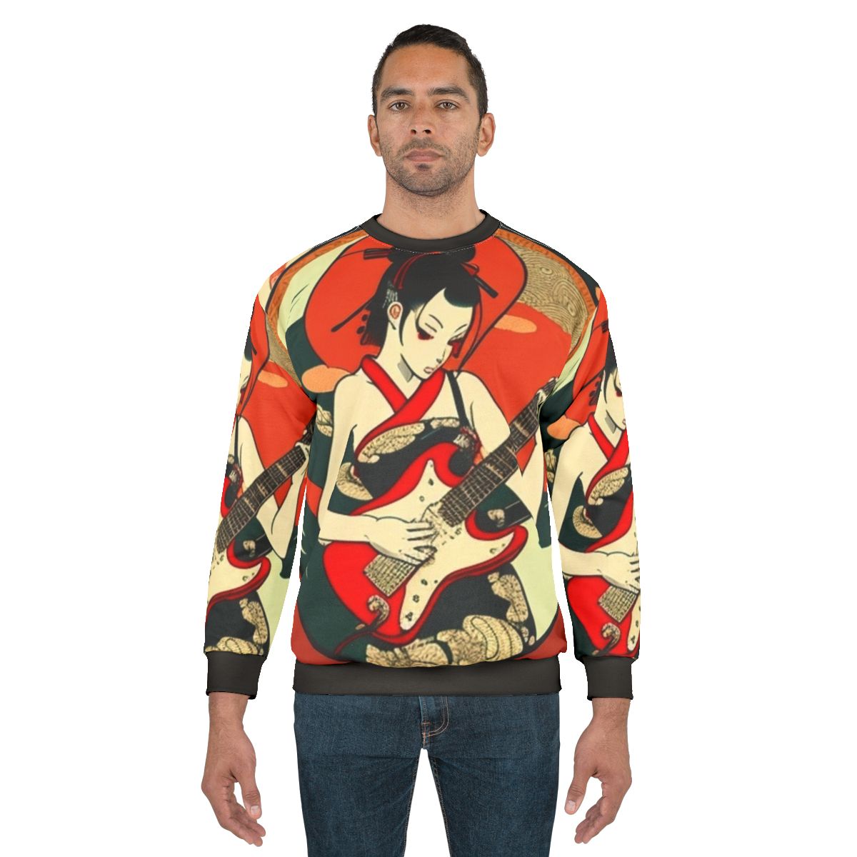 Japanese girl playing guitar on a stylish sweatshirt