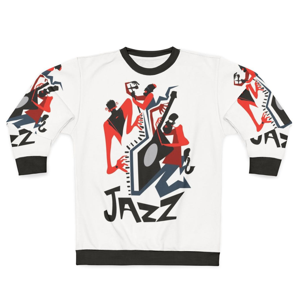 Jazz Quartet Sweatshirt featuring saxophone, trumpet, drums, and other jazz instruments