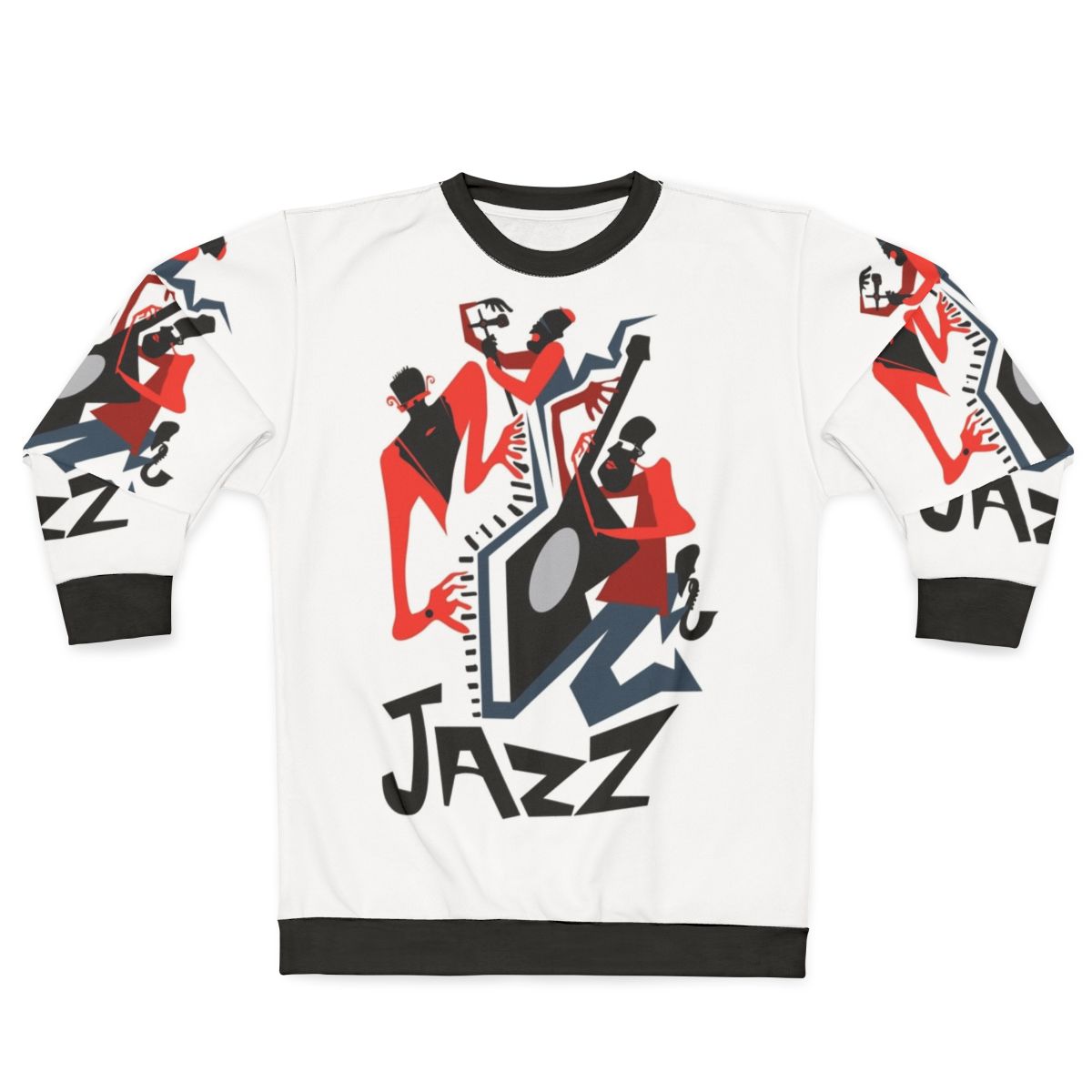 Jazz Quartet Sweatshirt featuring saxophone, trumpet, drums, and other jazz instruments