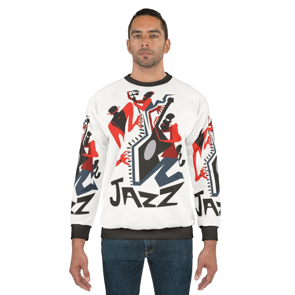 Jazz Quartet Sweatshirt featuring saxophone, trumpet, drums, and other jazz instruments