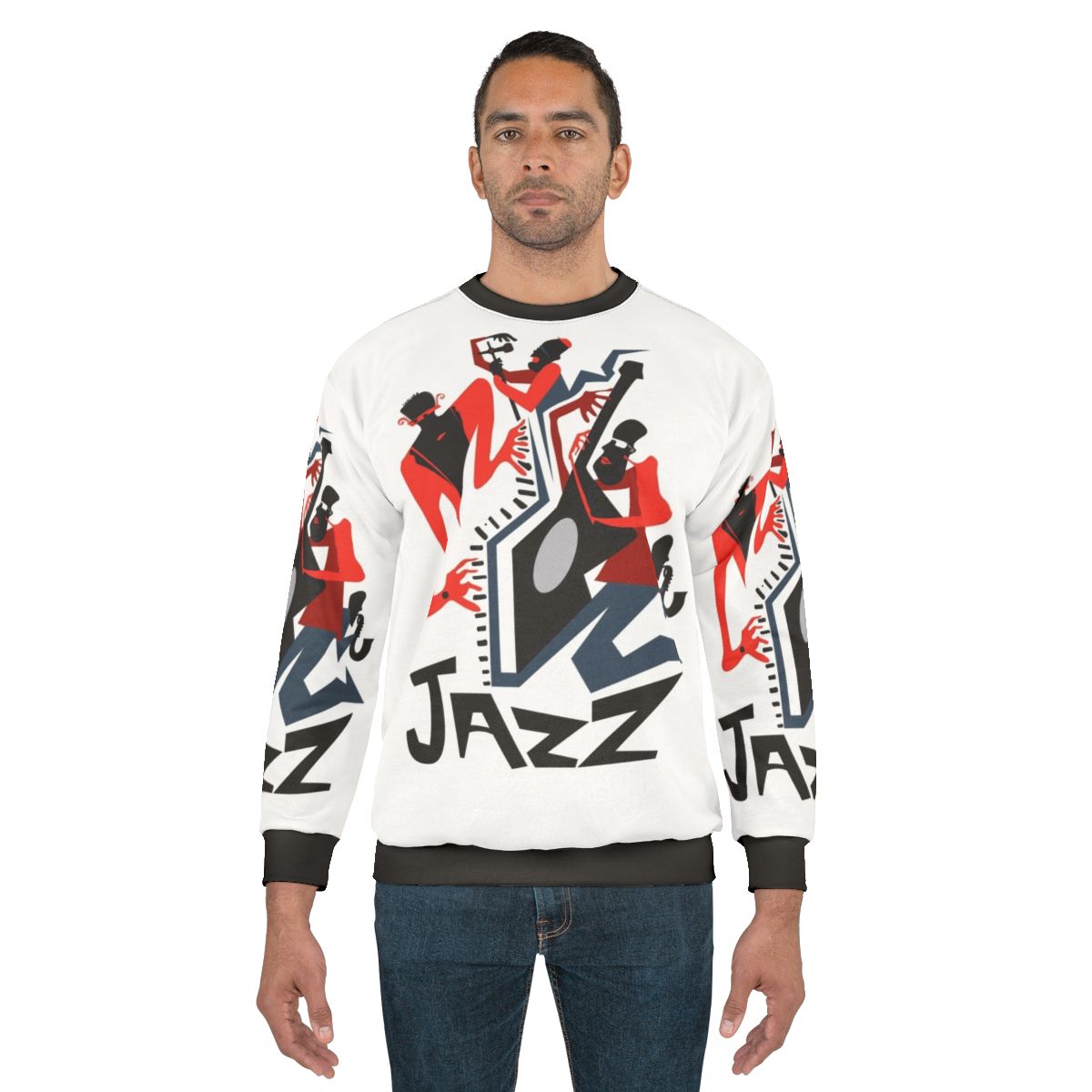Jazz Quartet Sweatshirt featuring saxophone, trumpet, drums, and other jazz instruments