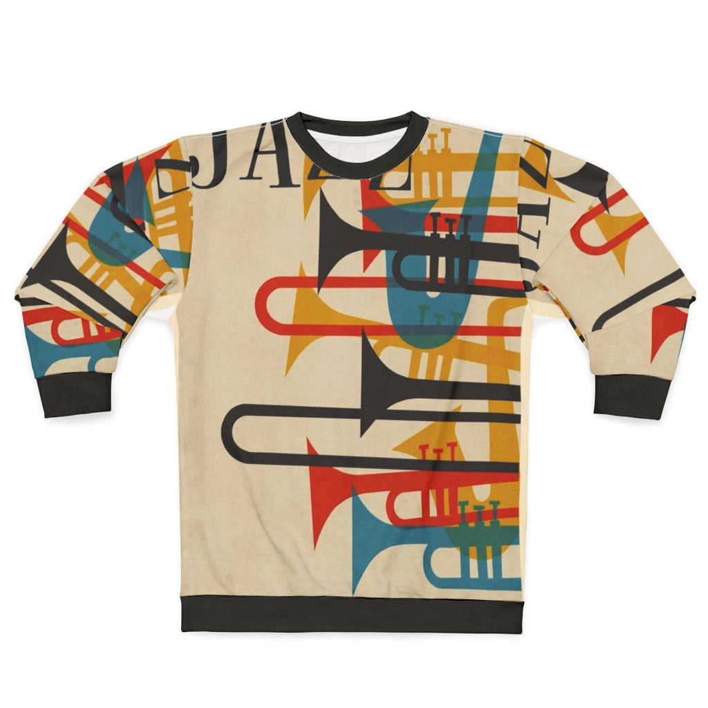 Vintage jazz sweatshirt with saxophone and trumpet design