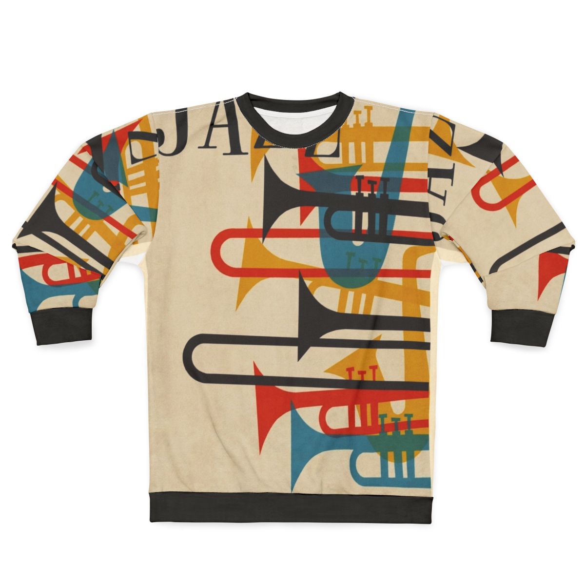 Vintage jazz sweatshirt with saxophone and trumpet design
