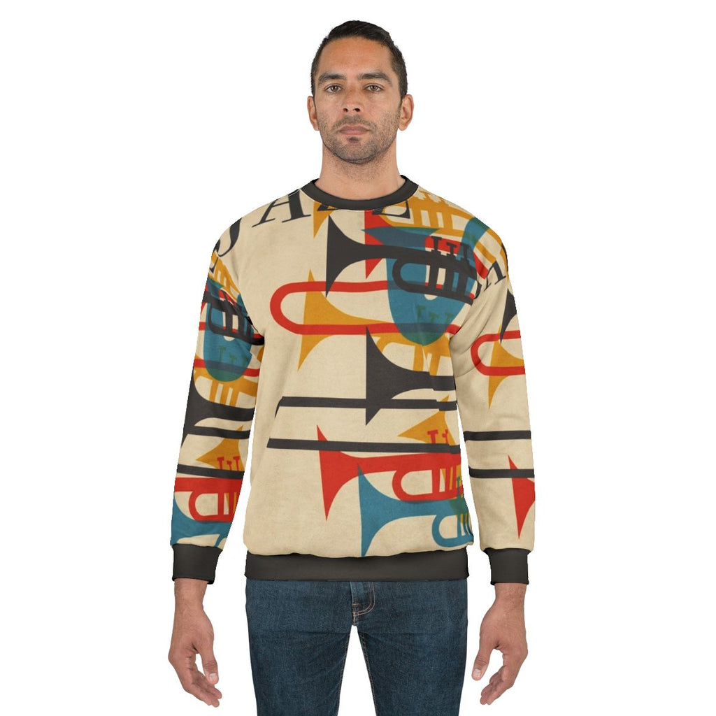 Vintage jazz sweatshirt with saxophone and trumpet design