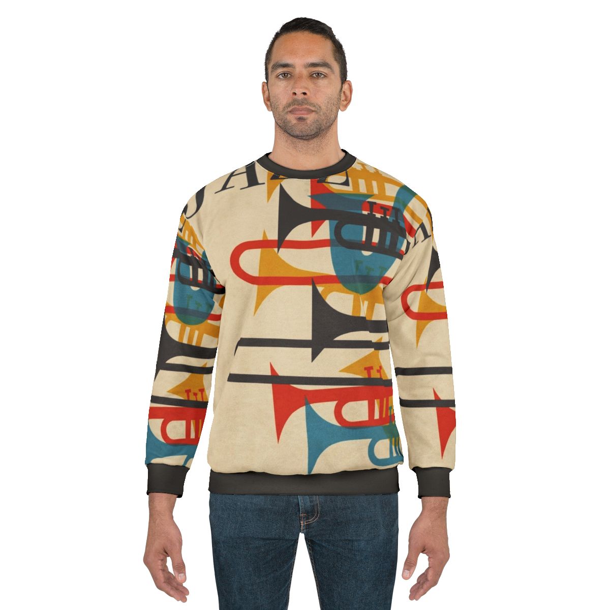 Vintage jazz sweatshirt with saxophone and trumpet design