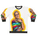 Colorful sweatshirt featuring an image of actor Jeff Goldblum with the text 'Happiness'