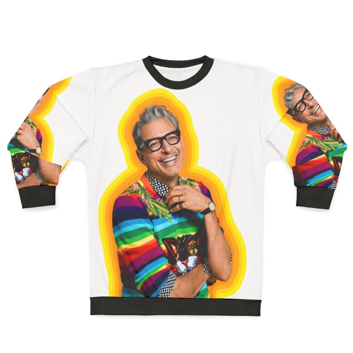 Colorful sweatshirt featuring an image of actor Jeff Goldblum with the text 'Happiness'