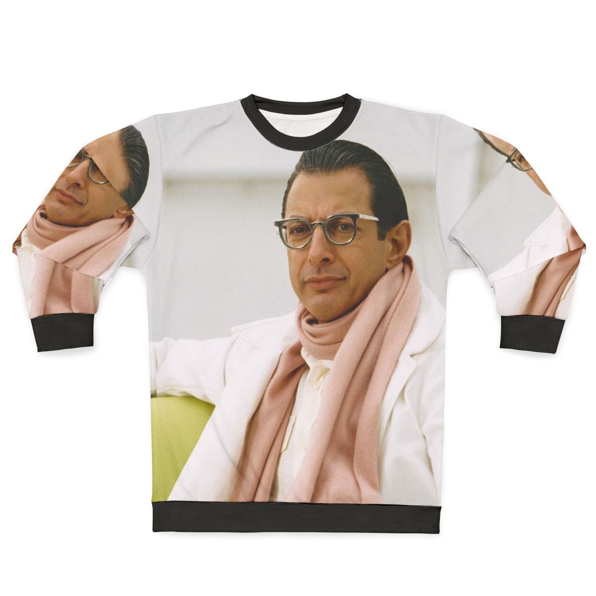 Jeff Goldblum wearing a Jurassic Park themed sweatshirt