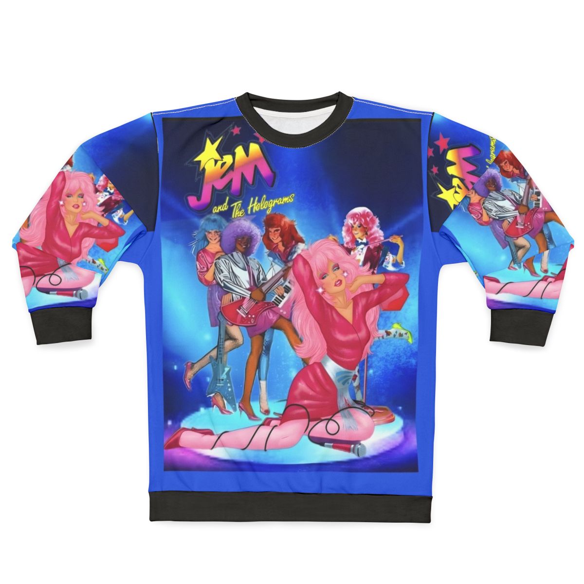 Jem And The Holograms Sweatshirt 2 showcasing the iconic characters and style from the 80s cartoon