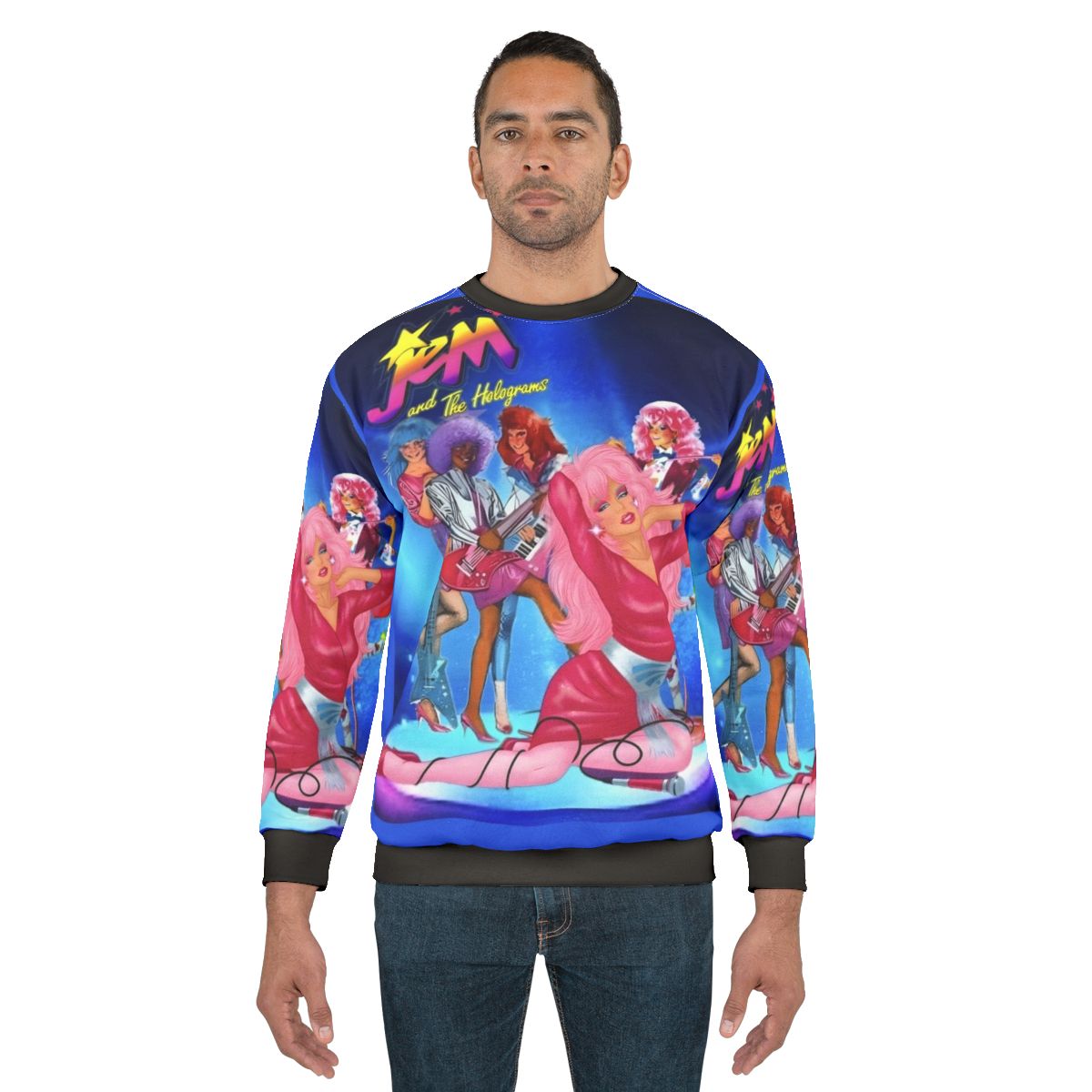 Jem And The Holograms Sweatshirt 2 showcasing the iconic characters and style from the 80s cartoon