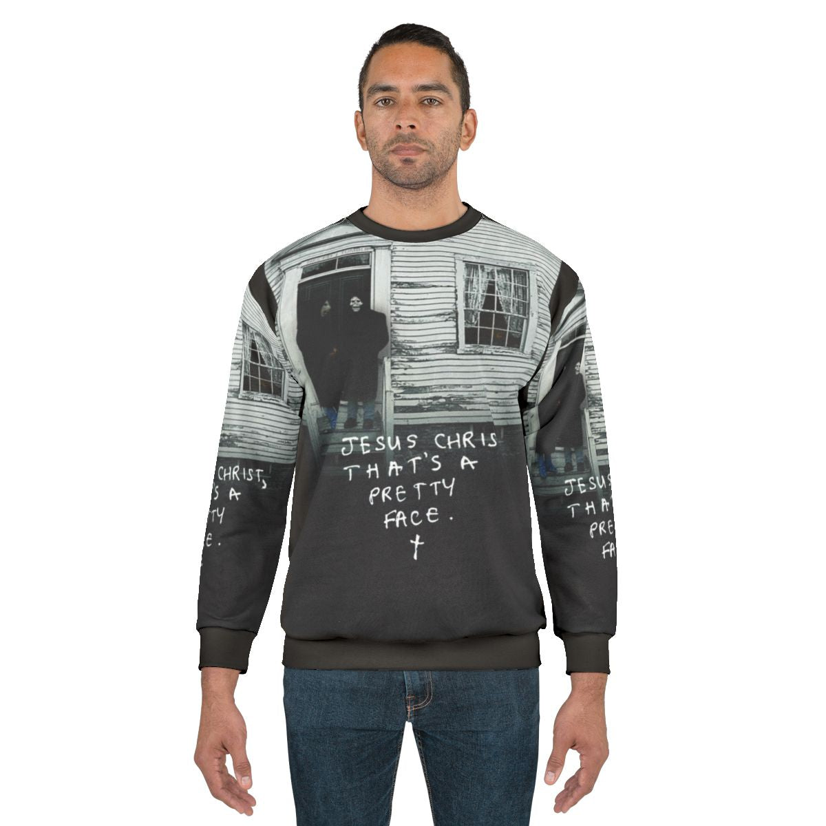A new brand sweatshirt featuring a graphic design of Jesus Christ