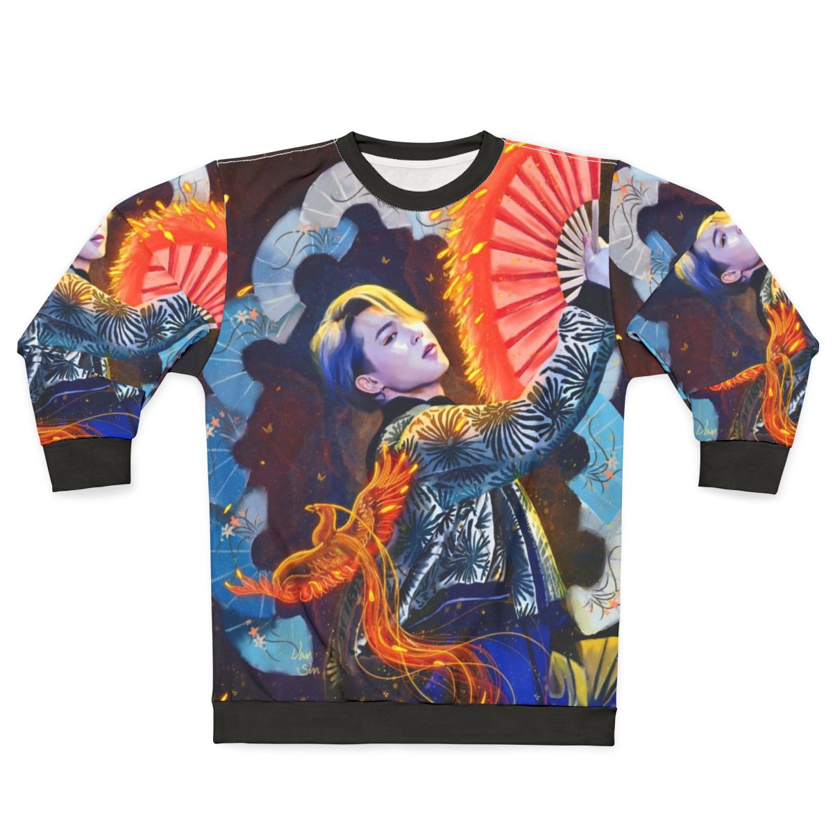 Jimin Golden Phoenix Sweatshirt featuring a digital portrait of BTS member Jimin in a fantasy phoenix design