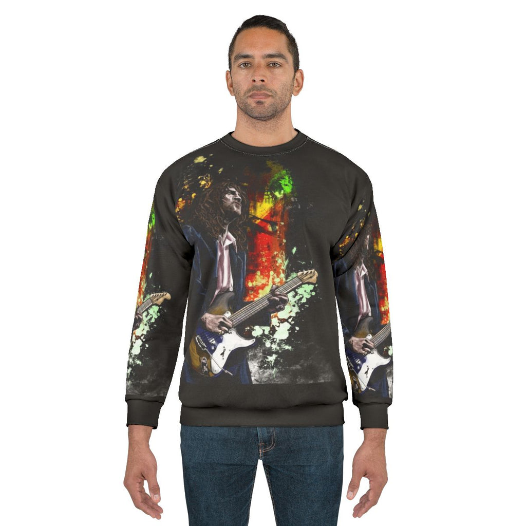 John Frusciante illustration on a red sweatshirt