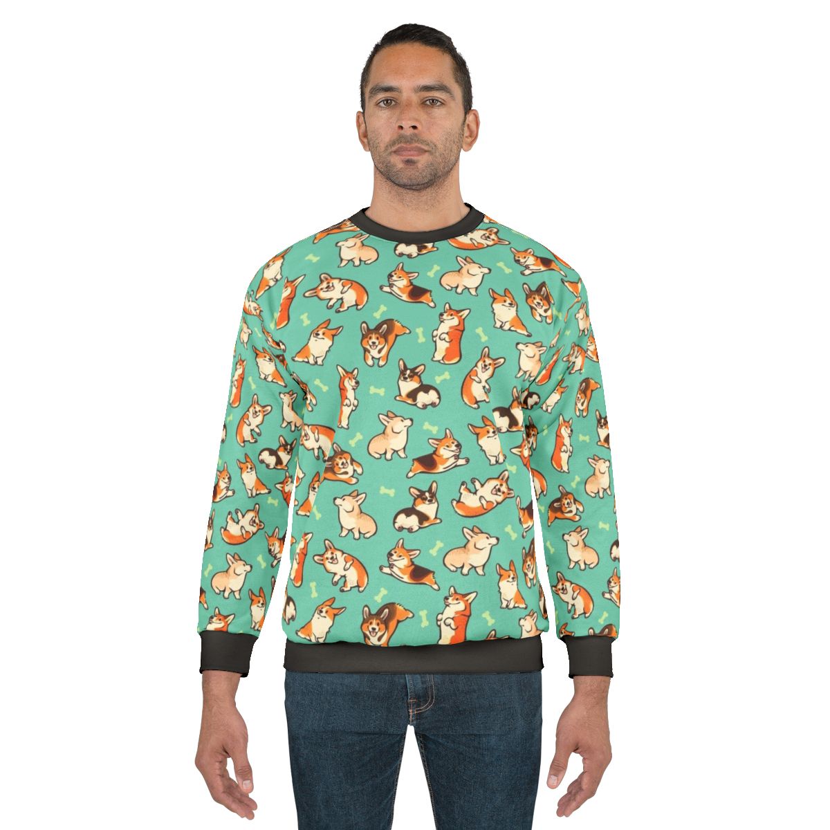 Jolly Corgis in Green Sweatshirt - Cute Pembroke Welsh Corgi Pattern