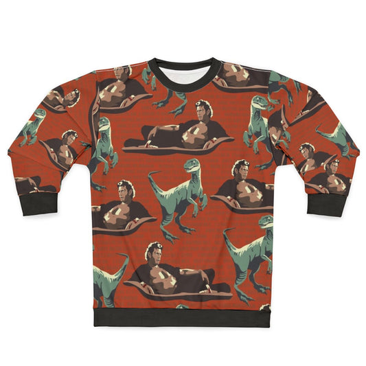 Jurassic Geniuses Sweatshirt featuring a DNA and Velociraptor pattern