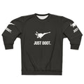 White sweatshirt with hunting horn graphic for monster hunter fans
