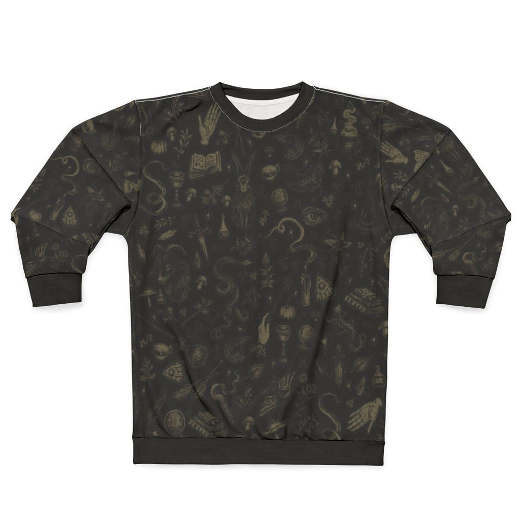 Witchy black and beige sweatshirt with occult and pagan symbols