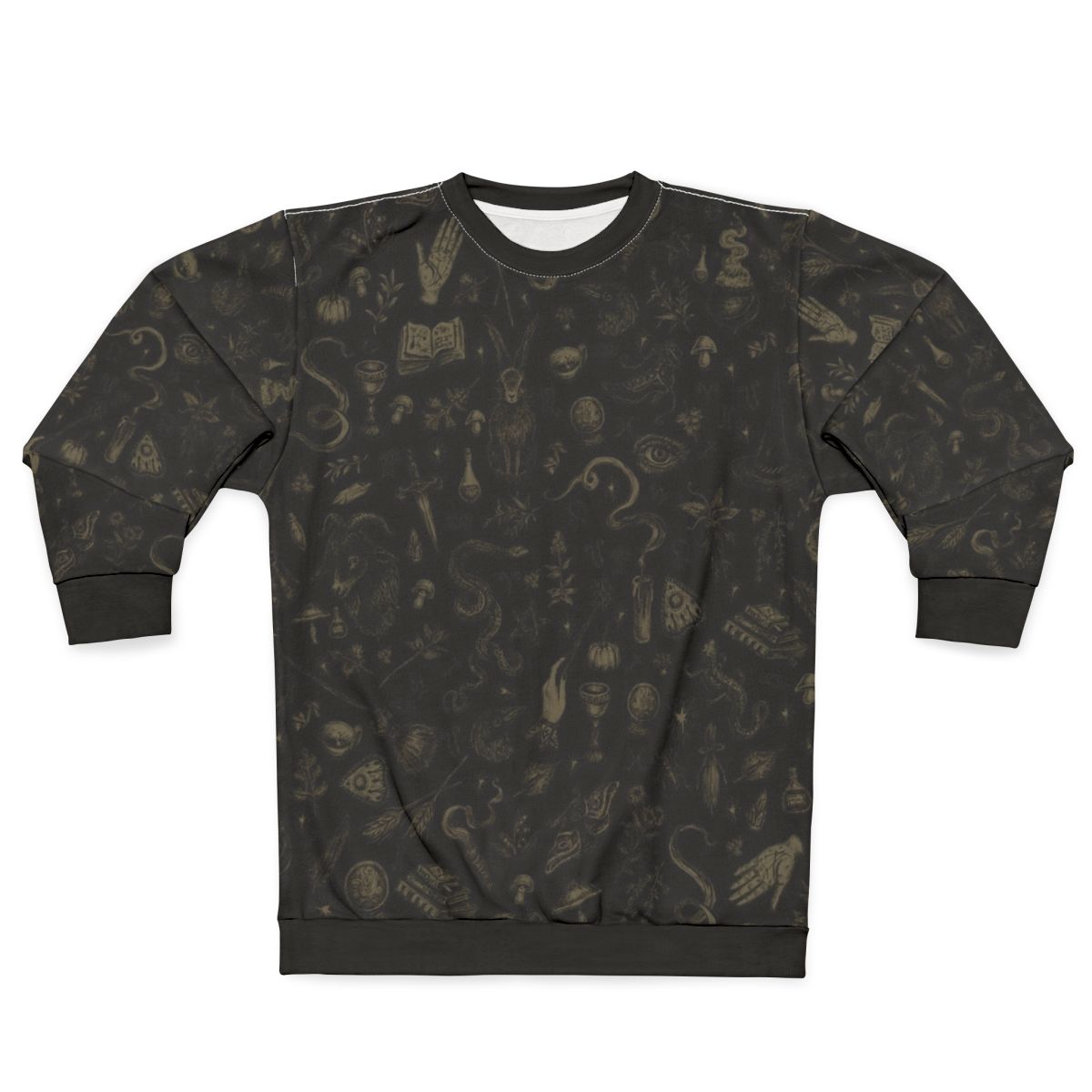 Witchy black and beige sweatshirt with occult and pagan symbols