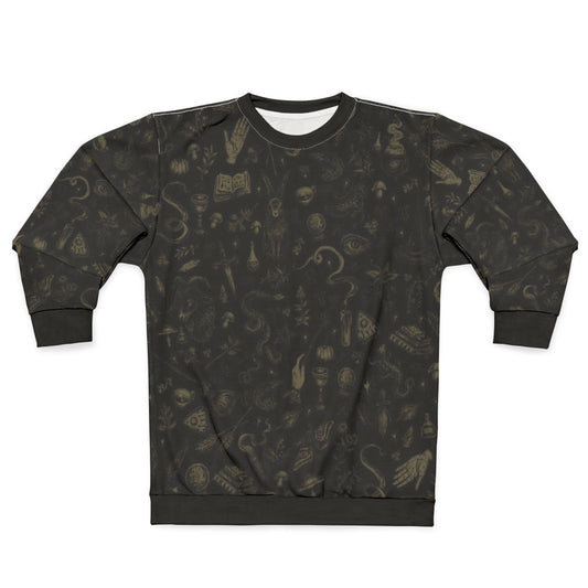 Witchy black and beige sweatshirt with occult and pagan symbols