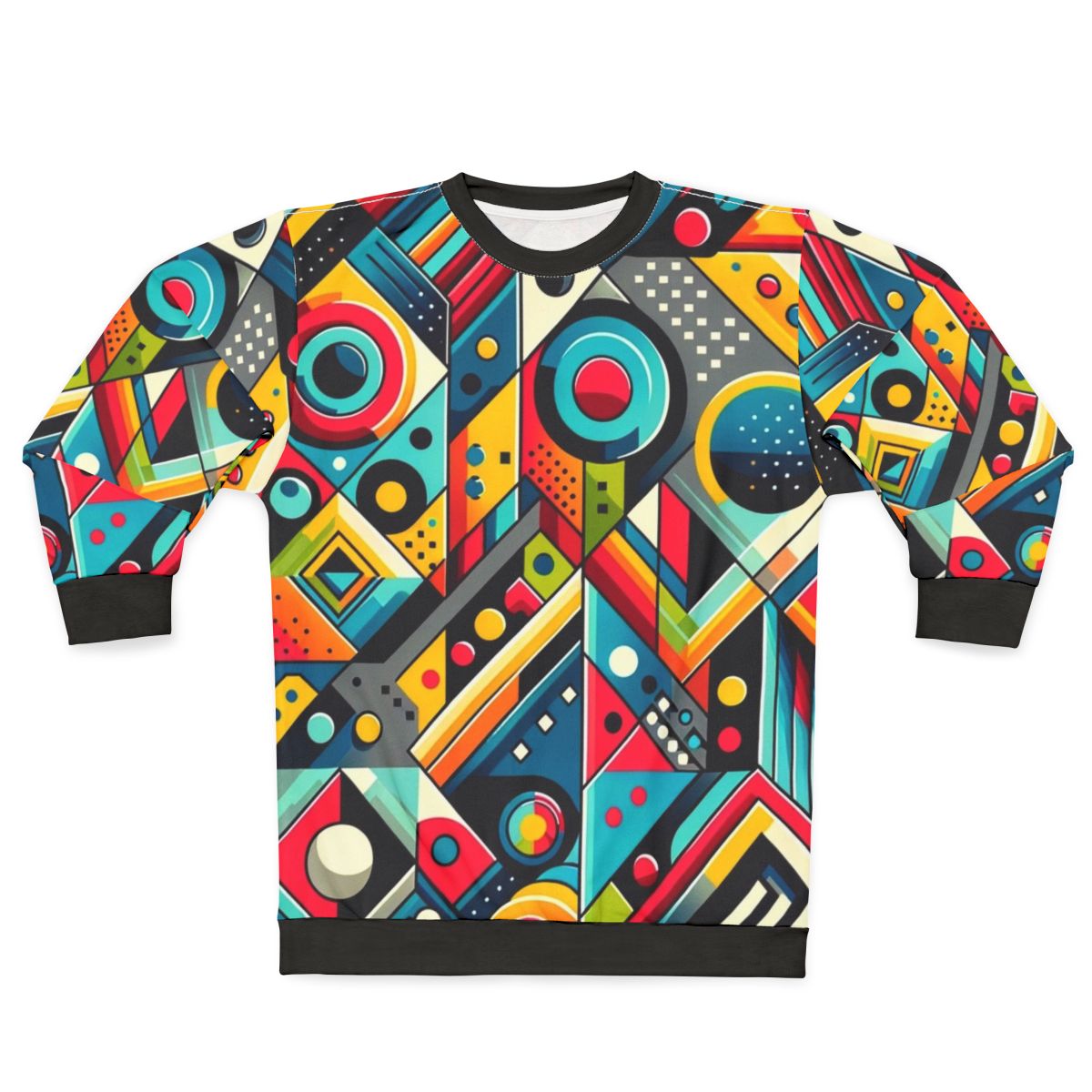 Geometric abstract art sweatshirt with vibrant, dynamic pattern