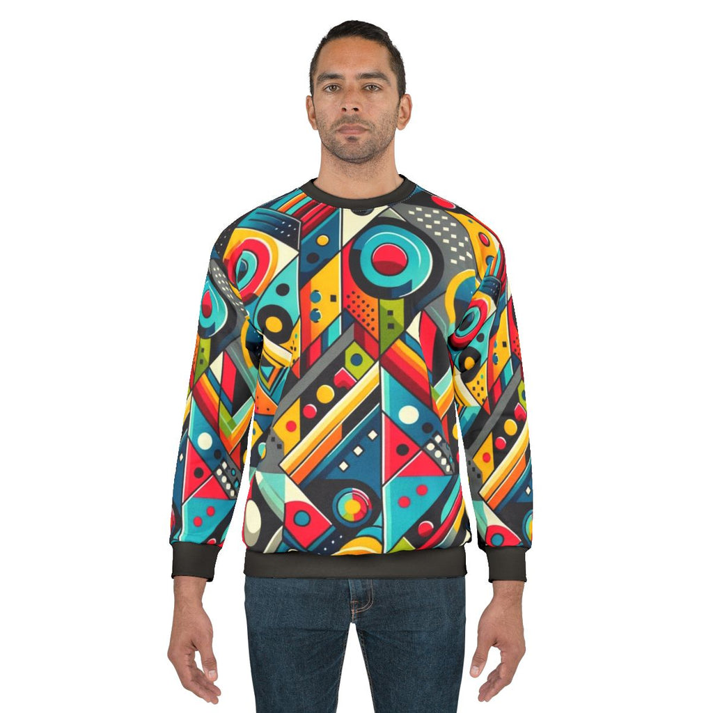 Geometric abstract art sweatshirt with vibrant, dynamic pattern