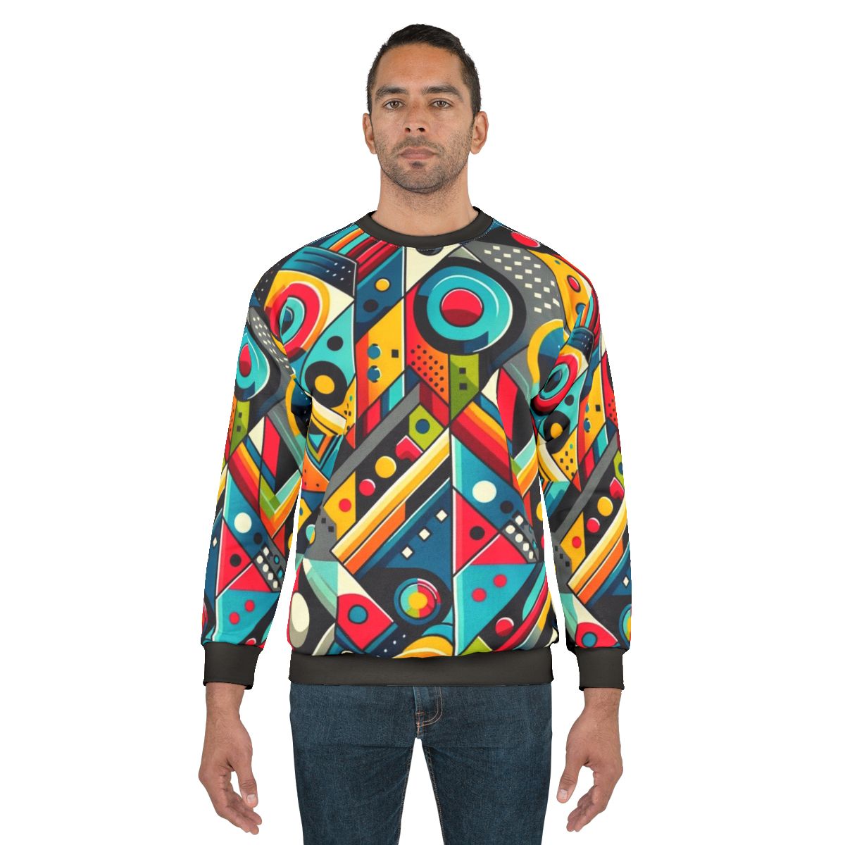 Geometric abstract art sweatshirt with vibrant, dynamic pattern