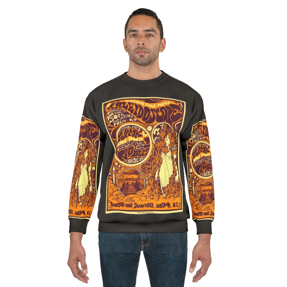 Kaleidoscope 60s psychedelic sweatshirt with colorful graphics