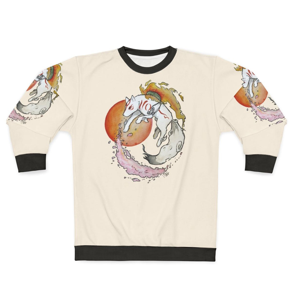 Okami Inspired Sweatshirt with Watercolor Wolf, Sun, and Sakura Flowers