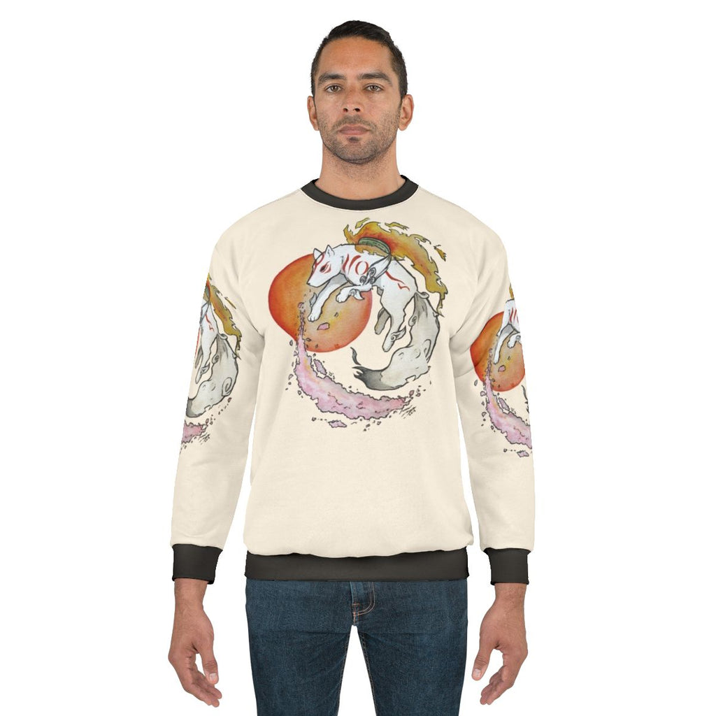 Okami Inspired Sweatshirt with Watercolor Wolf, Sun, and Sakura Flowers