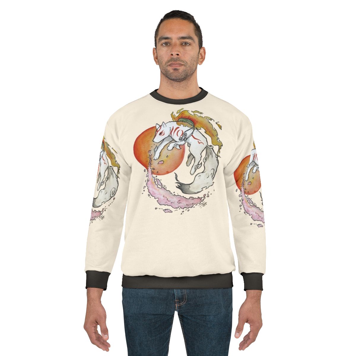 Okami Inspired Sweatshirt with Watercolor Wolf, Sun, and Sakura Flowers